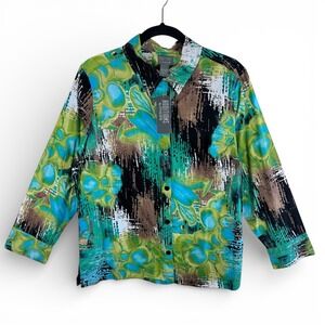 Additions by Chicos NWT Size 2 L Floral Button Down Shirt Turquoise Cotton